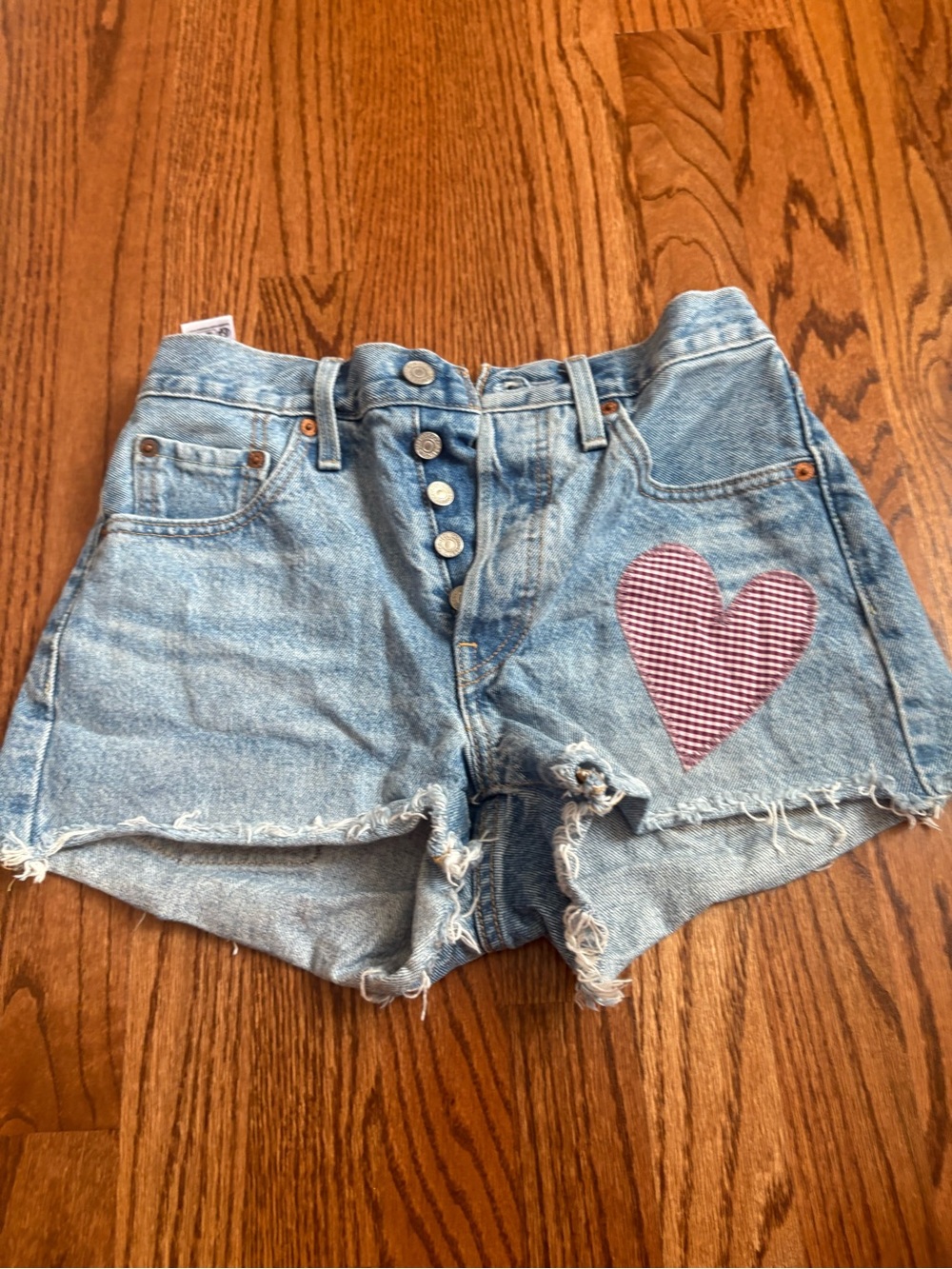 Levi's Light Blue Denim High-Waist Shorts with Red Gingham Heart